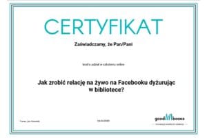 Certyfikat ze szkolenia Relacje na Facebooku