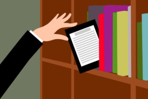 Grafika dłoń wyciągająca czytnik E-booków z półki z książkami